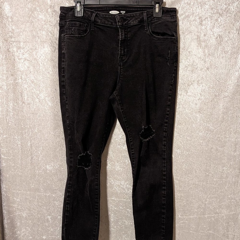 Old Navy Black Rockstar Super Skinny Ankle Distressed Jeans EUC